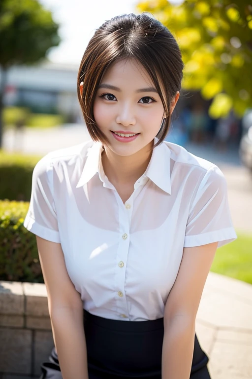 gravure, From the chest up, Tabletop, highest quality, Very detailed, Realistic, Very detailed肌, Perfect Anatomy, (1 日本人Mature Woman), (alone), 60 years old, (Wrinkles around the eyes:1.3), Large Breasts, Mature Woman, Glamour, Sexy, Chromo White Skin, View your viewers、solo, Big Breasts, Cleavage, Pose with your Hipss facing you, Super short skirt, Hips, shirt, Beautiful natural place, Around the flower position, (Detailed Background), Plaidスカート, 白のshirt, Big Breasts, Cleavage, shirtから少しCleavageを見せる, loafers, Blurred背景, Blurred, fail, Plaid, Short sleeve, JK ribbon around the neck, JK Ribbon, Brown haired, Ultra mini skirt、uniform, gem, Lips parted, Lips, Pleated skirt, Depth of written boundary、Laughter、
