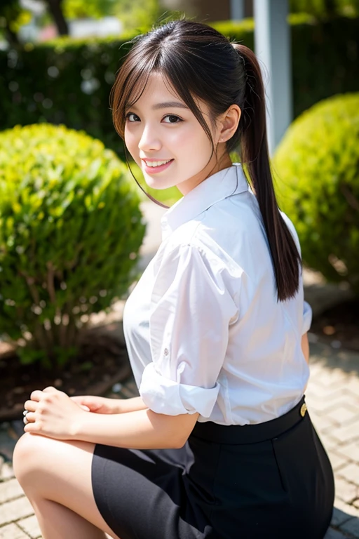 1 girl,{{Tie your hair up}}I have a black bowling ball、bowling alley、Snapshot in front of the lane、 {{Super clear and delicate blue eyes}}、(Wear a black bowling shirt and a black skirt :1.2), (RAW Photos, highest qualそれy), (Realistic, Realistic:1.4), Tabletop, Very delicate and beautiful, Very detailed, 2k wallpaper, wonderful, finely, Very detailed CG Unlimited 8K wallpaper, Very detailed, High resolution, Soft Light, Beautiful detailed girl, Very detailed目と顔, Beautiful and sophisticated nose, Finely beautiful eyes, Cinema Lighting, Perfect Anatomy, Slender body, Was nervous, 
Straight semi-long hair, bangs, Looking at the audience, smile