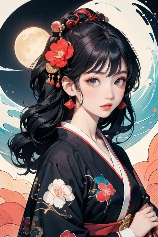 (Highest quality、masterpiece、High resolution、8K)、Ukiyo-e、Vibrant colors、Katsushika Hokusai、1 female、Long Black Hair、The kimono has a vivid floral pattern on a white background.、White waves and Mt. Fuji、Reddish Fuji、White waves, the moon and a woman、White waves, a boat and a woman、White waves, a woman and a seagull、Official Art、背景はUkiyo-e風