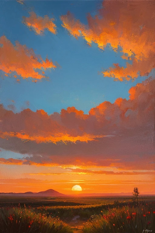 Highest quality、Landscape painting、Plains、Sunset、orange、Looking back