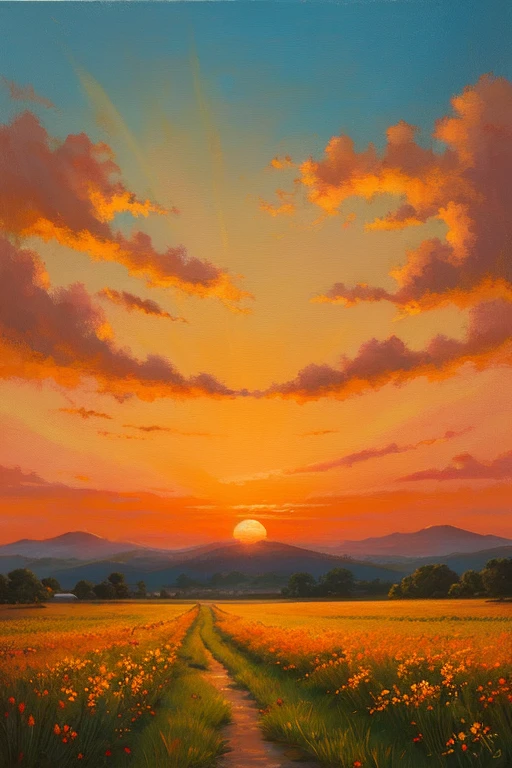 Highest quality、Landscape painting、Plains、Sunset、orange、Looking back