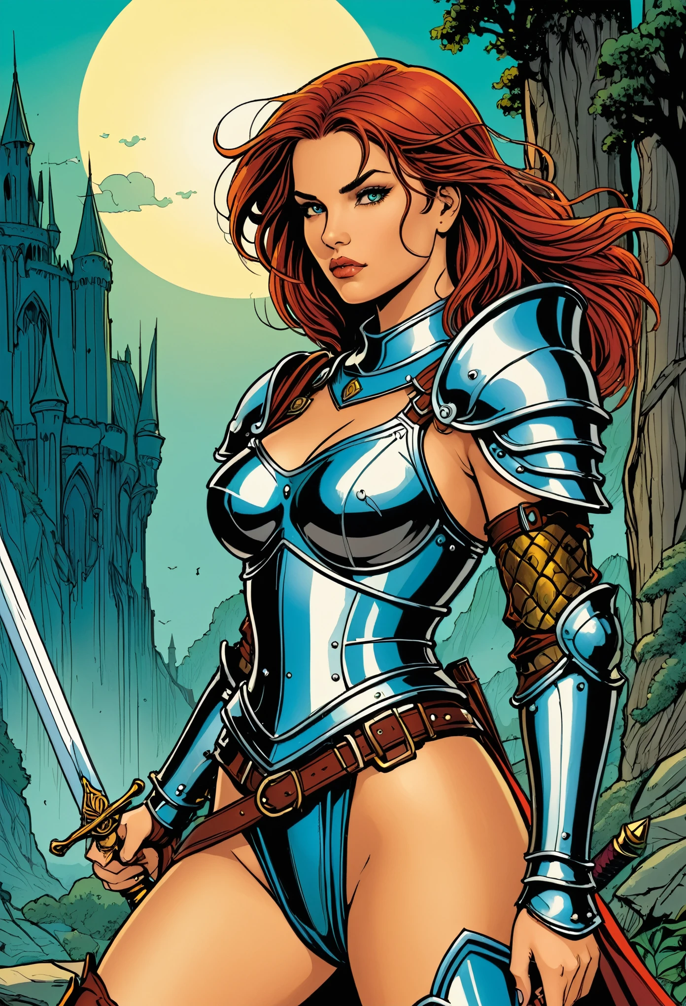 graphic novel flat colors style, cropped detail, a drawing of a woman with a sword and armor, lineart inspired by Clyde Caldwell, deviantart contest winner, fantasy art, bold lineart, extremely fine ink lineart, intense line art, lineart behance hd, a fantasy comic book style, comic inks, insanely detailed linework, intricate lineart, fantasy graphic novel style, beautiful line art