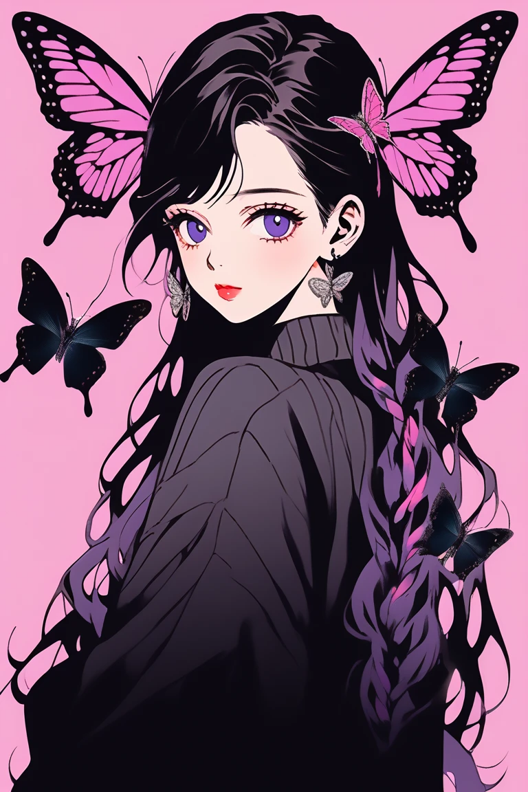 (Highest quality, sketch:1.2),Realistic,Illustrator,anime,1 Girl, Detailed lips,sweater,custom,Pink gradient background,Neon Hair,Texture Cropping,masterpiece, Style: Retro Classic, Dark Black、Braid、Under the Moon、Black Hair、Beautiful butterfly、虹色のButterfly Hair Ornament、Long Hair、Fair skin,一つ結びでSide Tail、Butterfly Hair Ornament、school uniform、beautiful girl、Real、cute、Purple Eyes、Side Tail