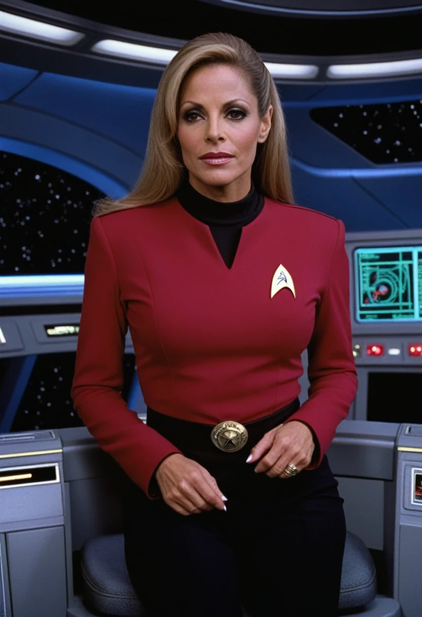 Wide angle view, full image, Trish Stratus, eine Frau in roter star trek-Uniform, on the bridge of the Enterprise, DS9ST UNIFORM, star trek, on the bridge of the Enterprise, sits on the captain&#39;s chair, Fantasy planet, futuristic spaceships, ((perfect eyes, detailled eyes,realistic eyes)), ((sharp face, detailed face, realistic face, natural skin, realistic skin, detailed skin, pores)), panorama view