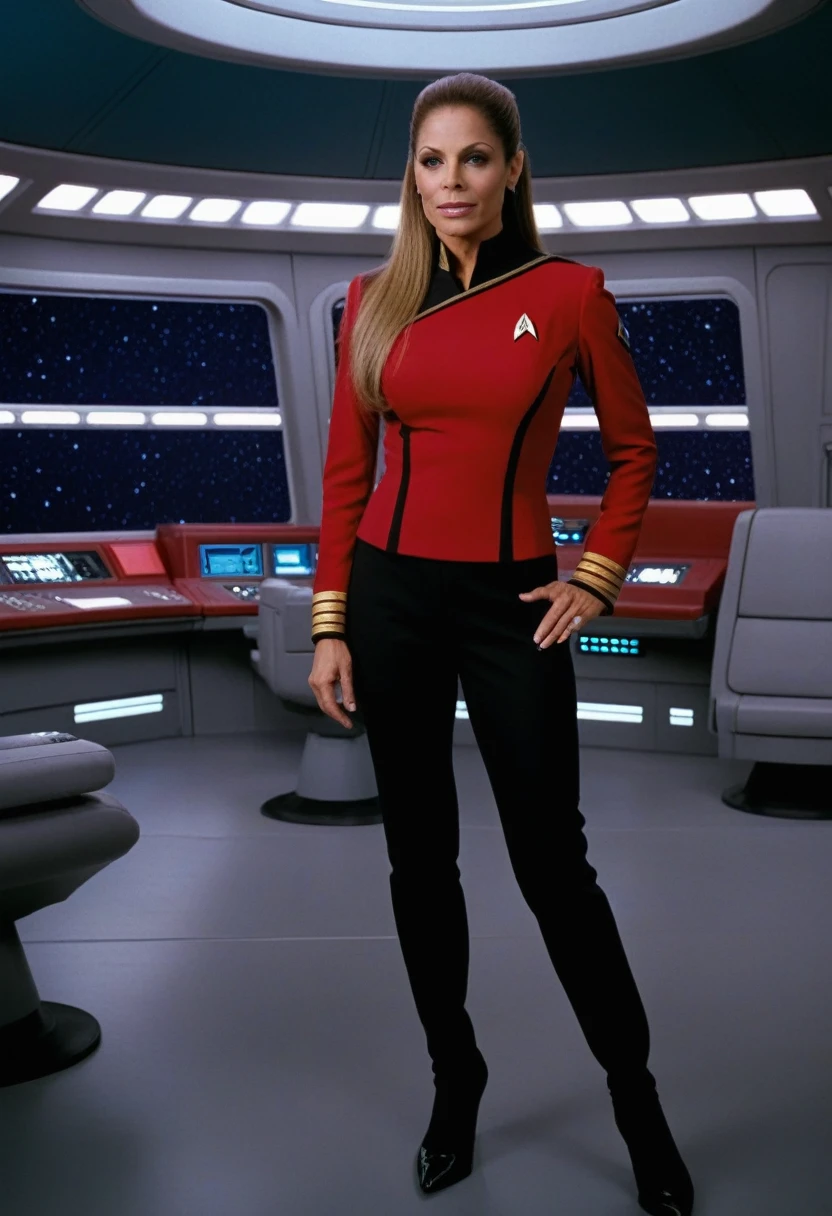 Wide angle view, full image, Trish Stratus, eine Frau in roter star trek-Uniform, on the bridge of the Enterprise, DS9ST UNIFORM, star trek, on the bridge of the Enterprise, sits on the captain&#39;s chair, Fantasy planet, futuristic spaceships, ((perfect eyes, detailled eyes,realistic eyes)), ((sharp face, detailed face, realistic face, natural skin, realistic skin, detailed skin, pores)), panorama view