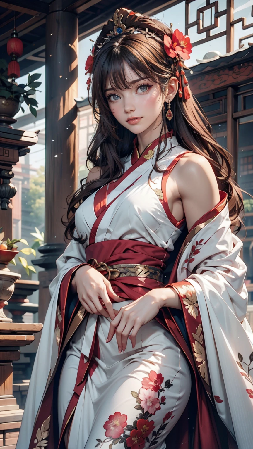 A woman in her fifties wearing a pink dress and a flower crown on her head, Color photos inspired by the Run In, CG society hot topic, realism, Hanfu, palace , a girl in Hanfu, ancient Chinese Princess, Beautiful Fantasy Empress, Ancient Chinese Art Styles, Princess of an ancient Asian dynasty, Empress of China, white Hanfu, Chinese Princess,Look down,Sexy proportions、erotic、adult、Narrow waist、Narrow waist