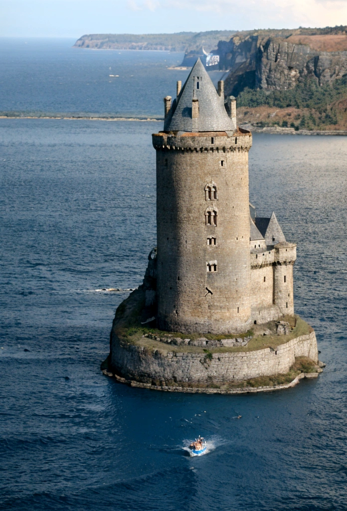 A tall royal castle on a stone fjord, below is a raging ocean and blue sky