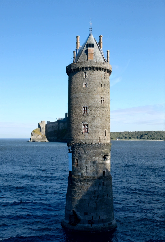 A tall royal castle on a stone fjord, below is a raging ocean and blue sky