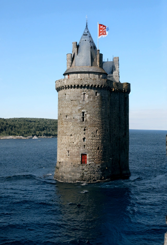 A tall royal castle on a stone fjord, below is a raging ocean and blue sky