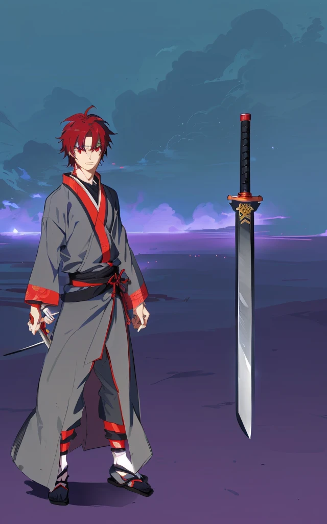 anime man with sword, anime fencer, anime style character, swordsman, anime stylized, stylized anime, anime stile, epic anime style, samurai, in japanese anime style, katana in display, wearing yukata, red eyes, gray yukata, red pattern