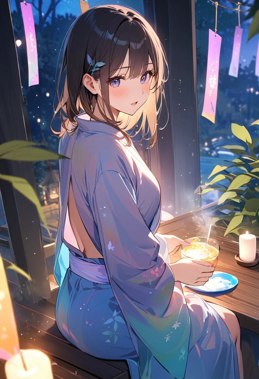 Tanabata、strip、Bamboo Leaves、stripに願いをこめて、stripを持っている、Yakiniku in a yukata,fluid,Particles of light, dream-like,Sparkling,dream-like glow,Paint dripping,Oil,strong stroke,Paint dripping,Splash Paint Drop, Oil,(Abstract:1.2)Girls and boys(Tanabataライトトレース:1.25),After change (Radioluminescence Light Tracking) スタイルTanabata,Orihime and Hikoboshi(Cowboy Shot,Above Knee Portrait:1.25),Temple Fair,Summer festival,Iridescent、16K, Ultra-high resolution, to be born,wonderful ,future、Iridescent、The world 30 years from now。
