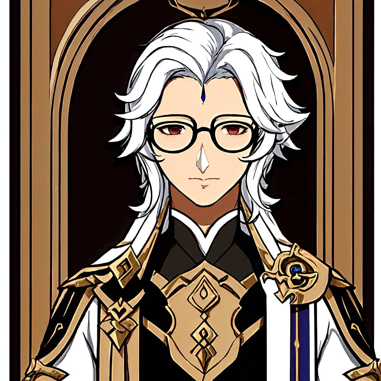 masterpiece, best quality, simple background, portrait, solo, 1man, 30 years old, long white hair, shineshal medieval clothes, glasses, fragile build