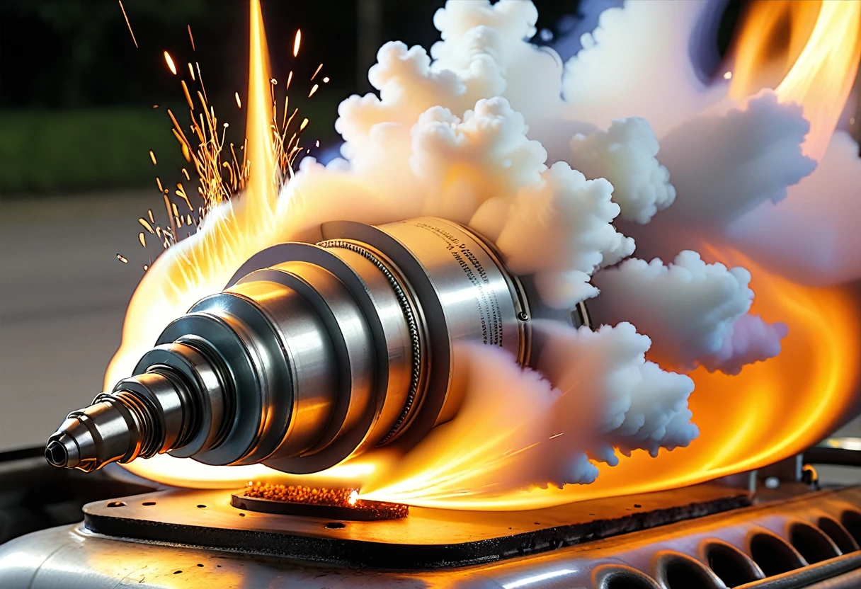 Detonation occurs when part of the air-fuel mixture spontaneously ignites before the flame front from the spark plug reaches it.
This leads to a sharp increase in pressure and the formation of shock waves in the combustion chamber