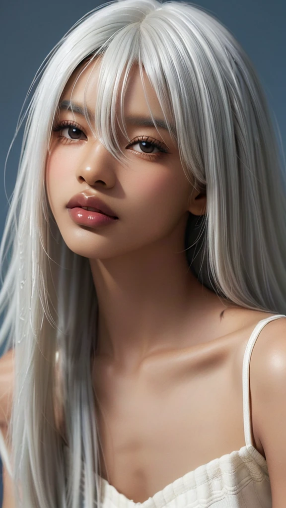 leogirl, cute dark skin 1girl, long tousled white hair, biting lips, seductive forward lean, delicate skin, delicate face, real, realistic, 1girl,white hair,blue background,upper body, (((dark skin))), (((white hair))), (((darkskinned))), in a parisian café 