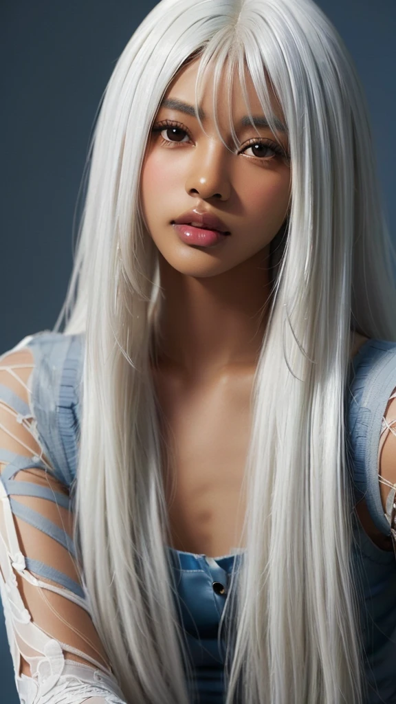 leogirl, cute dark skin 1girl, long tousled white hair, biting lips, seductive forward lean, delicate skin, delicate face, real, realistic, 1girl,white hair,blue background,upper body, (((dark skin))), (((white hair))), (((darkskinned))), in a parisian café 