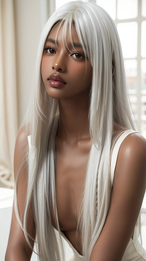 leogirl, cute dark skin 1girl, long tousled white hair, biting lips, seductive forward lean, delicate skin, delicate face, real, realistic, 1girl,white hair,blue background,upper body, (((dark skin))), (((white hair))), (((darkskinned))), in a parisian café