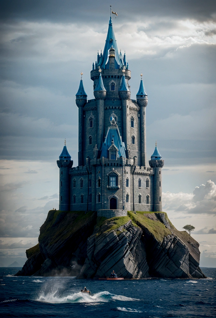 A tall royal castle on a stone fjord, below is a raging ocean and blue sky