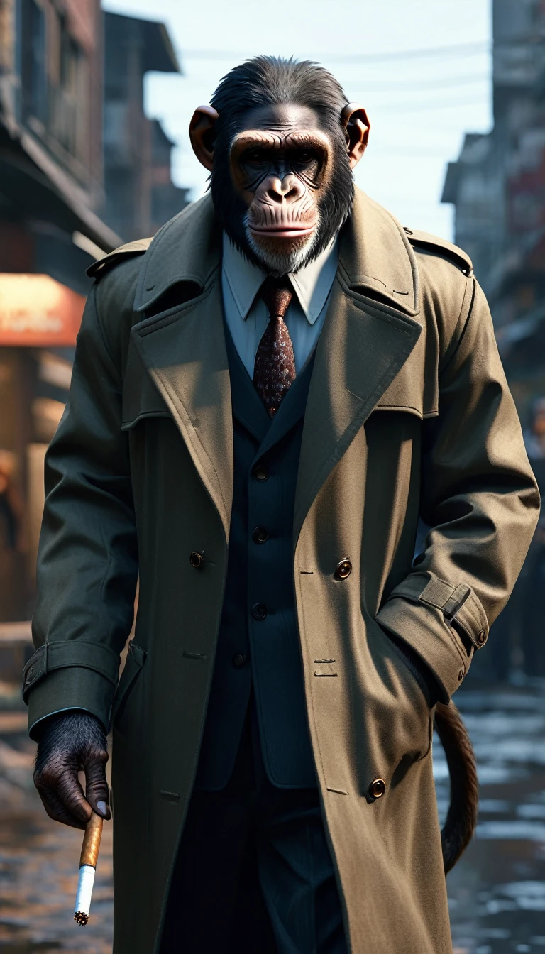 masterpiece, (Super detailed), (Animal anthropomorphism), Gangster Theme, Chimpanzee, good looking, trench coat, Dim lighting, cigarette, Shadow, Decaying cityscape, Highest quality, Single Focus, (skimming: 1.1), Muscular man, whole body, Complex (High detail: 1.1) Unreal Engine.