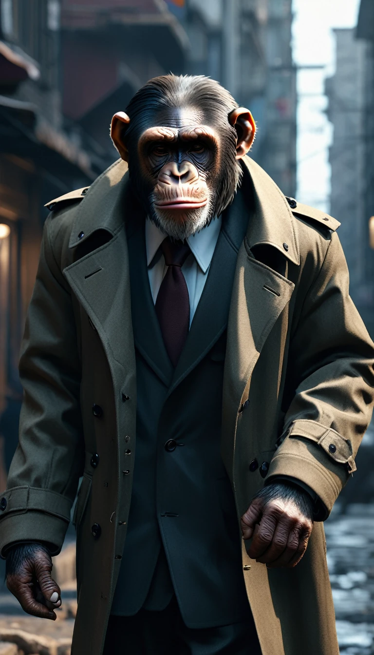 masterpiece, (Super detailed), (Animal anthropomorphism), Gangster Theme, Chimpanzee, good looking, trench coat, Dim lighting, cigarette, Shadow, Decaying cityscape, Highest quality, Single Focus, (skimming: 1.1), Muscular man, whole body, Complex (High detail: 1.1) Unreal Engine.