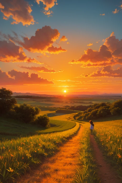 Highest quality、Landscape painting、Plains、Sunset、orange、Looking back
