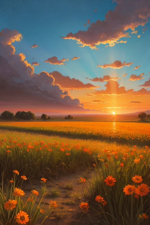 Highest quality、Landscape painting、Plains、Sunset、orange、Looking back