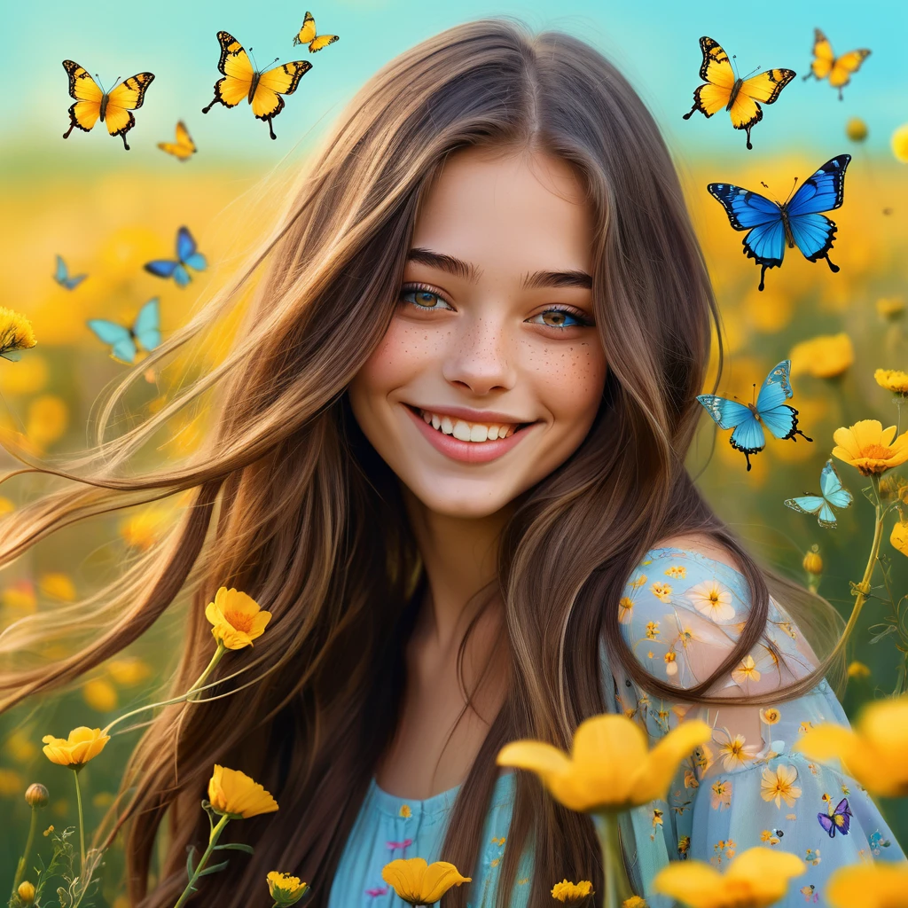 The aesthetics of digital art, with precise lines and a smooth gradient (a brunette with long hair, a playful smile and a squinted eye), intricate details, vivid colors, semi-realistic but idealized pastel colors, with yellow flowers in a field, whimsical and srene with butterflies fluttering around the person, add a whimsical touch.