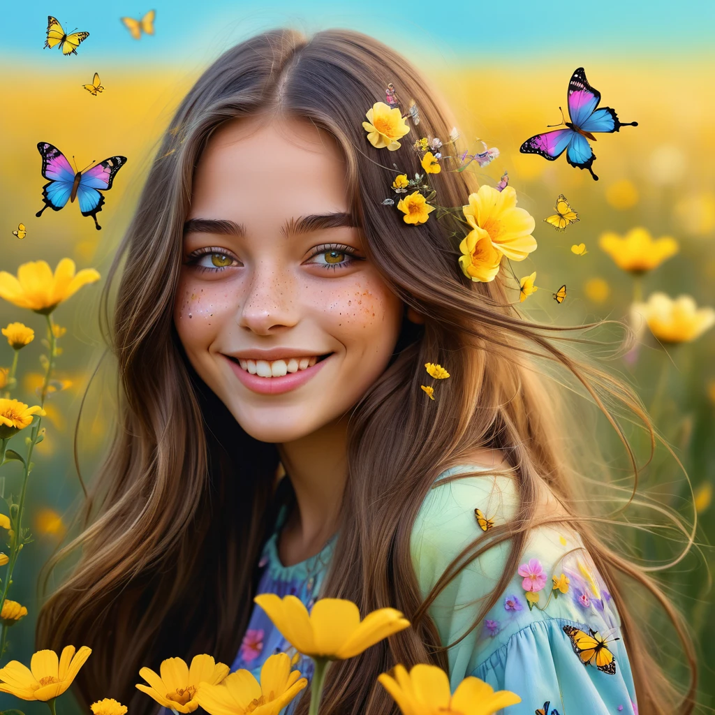 The aesthetics of digital art, with precise lines and a smooth gradient (a brunette with long hair, a playful smile and a squinted eye), intricate details, vivid colors, semi-realistic but idealized pastel colors, with yellow flowers in a field, whimsical and srene with butterflies fluttering around the person, add a whimsical touch.