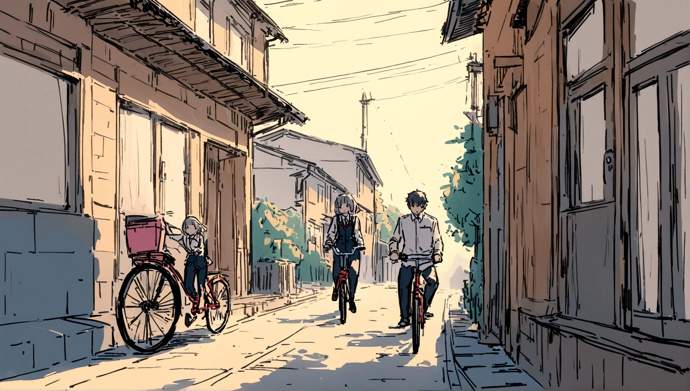 masterpiece,最high quality,Very detailed,High resolutionの背景,8K,High resolution,high quality,break,School,high school ,On the way home,Two-seater bicycle,Male and female couple,Japanese manga style, sketch, Colored pencil