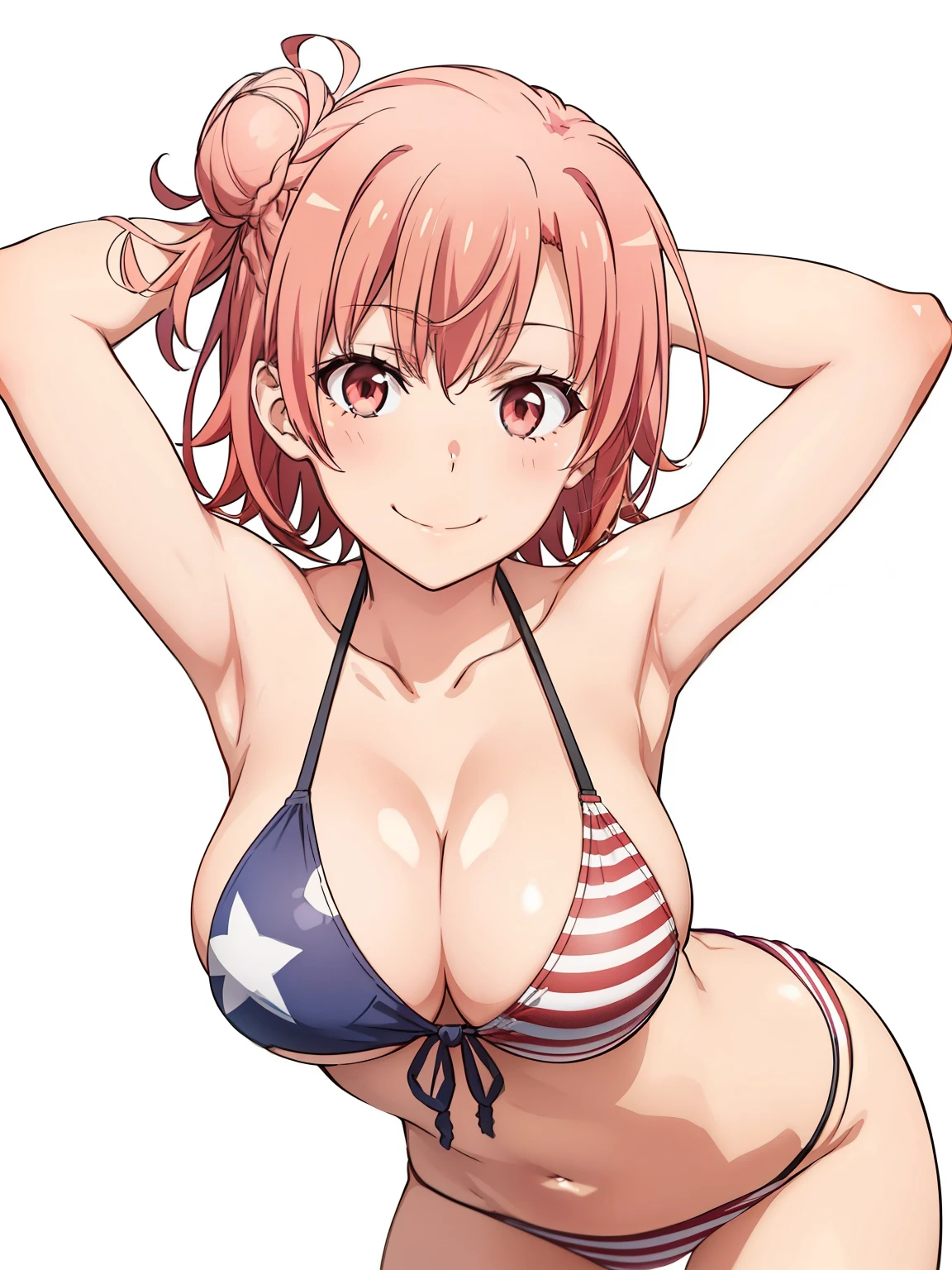 ((masutepiece, Best Quality, hight resolution, nffsw, Perfect Pixel, depth of fields, 4K, )), 1girl in, Solo, , Beautiful anime girl, Beautiful Art Style, close up, Looking at Viewer, Perfect body, Yuigahama Yui, Short hair, pink hair, hairbun, hair braid, (large boob), smiling, wink, winking, one eye open, american flag bikini, hands behind head, bent over, blank white background, cowboy shot