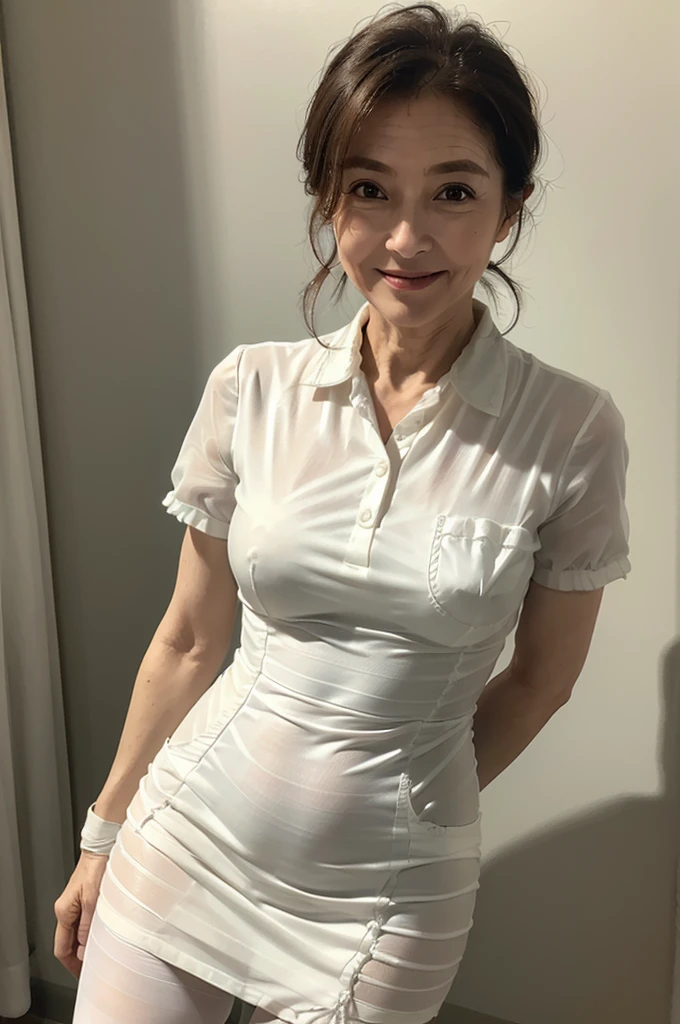 (masterpiece:1.4),(Female, 63 years old:1.5),(Facial wrinkles:1.2), ( hair tied up : 1), A kind smile,Maternal, (mature woman : 1.25), old, elderly, {(nurse), (mid-length dress : 1.33), (smooth white nylon tights : 1.3), (breast pocket : 1), (collared dress:1.1), (short sleeves), (white dress)}, freckled skin, pale skin, (standing : 1.15), in the hospital, operating room