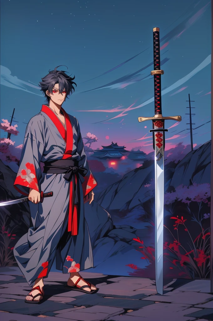 anime man with sword, anime fencer, anime style character, swordsman, anime stylized, stylized anime, anime stile, epic anime style, samurai, in japanese anime style, katana in display, wearing yukata, red eyes, gray yukata, red pattern