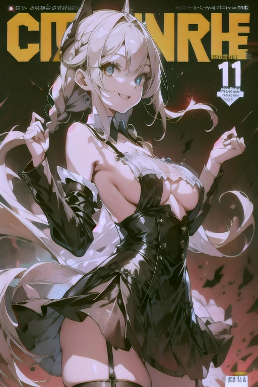(small breasts:1.2), (perky chest:1.2), (pointed chest:1.2), (Pudding cake magazine cover:1.3),(from above:1.0),(shoot from the side:1.1),masterpiece, 1girl, Amazing Cleavage:1.1, thin waist, optimum,tmasterpiece,hight resolution,best qualtiy,hyper HD,super detailing,awardwinning,a 18yo cute girl,(The upper part of the body),anatomy correct,Beautiful Black miniskirt,garters,Gaze,Small face,bangss,holster,Beautuful Women,hands up,leg holster,Gaze,black boots,Cowboy Shot,cute face,a blond,Longhaire,Twin-tailed,Braids, Hairline,(scarlet eyes),long eyelasher,Hanging eye corners,White skin of the, ((see through camisole:1.1)), ((Sheer nipples:1.0)),Rocket Tits,(Slim body),smile,seductive weak smiling,(with sparkling eyes and a contagious smile),little open mouth, Looking at Viewer,
