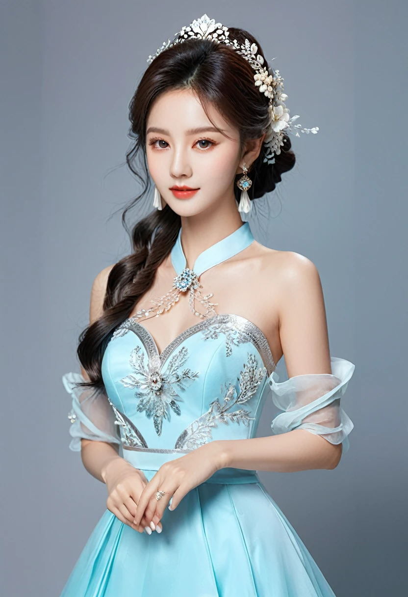 Realistic photo style, whole body 사진에 아름다운 아시아 소녀가 등장합니다., Wearing a unique ethnic style evening gown with delicate skin., bright and lively eyes, Thick eyelashes that look especially attractive. Long dresses are slim and elegant., Eye-catching silver jewelry and alcohol. The high-collar design adds an elegant atmosphere., Color of blue and white porcelain. using light and shadow, The vivid and harmonious appearance of the protagonist is highlighted... whole body, (masterpiece, best quality, professional, perfect composition, very aesthetic, absurd, very detailed, intricate details:1.3)