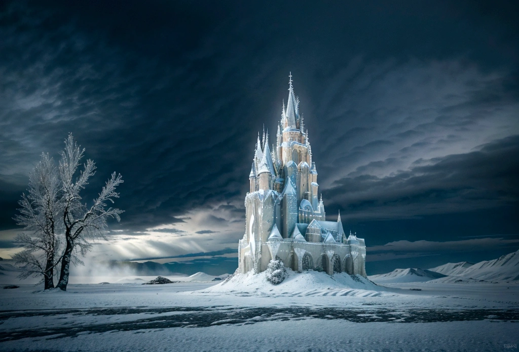(best quality,4k,8k,highres,masterpiece:1.2),ultra-detailed,realistic,photorealistic:1.37,arctic wasteland,blizzard,fantasy style,desolate landscape,snow-covered trees,frozen lake,dark and mysterious atmosphere,ethereal lighting,eerie ambiance,imposing mountains,distant storm,icy winds,majestic aurora borealis,ominous clouds,lonely figure bundled up in heavy fur clothing,warm breath in the freezing air,footprints in the snow,enchanted ice crystals,glistening icicles,whispering winds,otherworldly creatures lurking in the shadows,spellbinding ice castle,enchanted snowflakes dancing in the air,mythical beings concealing in the blizzard,elemental magic at play,contrast of white and blue hues,serene yet treacherous environment.