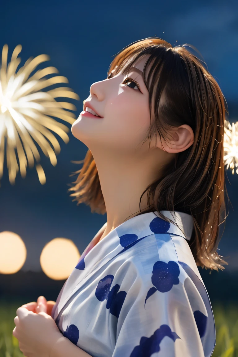 Highest quality, (beautiful)、yukata、Looking up at the sky、field、night、firework