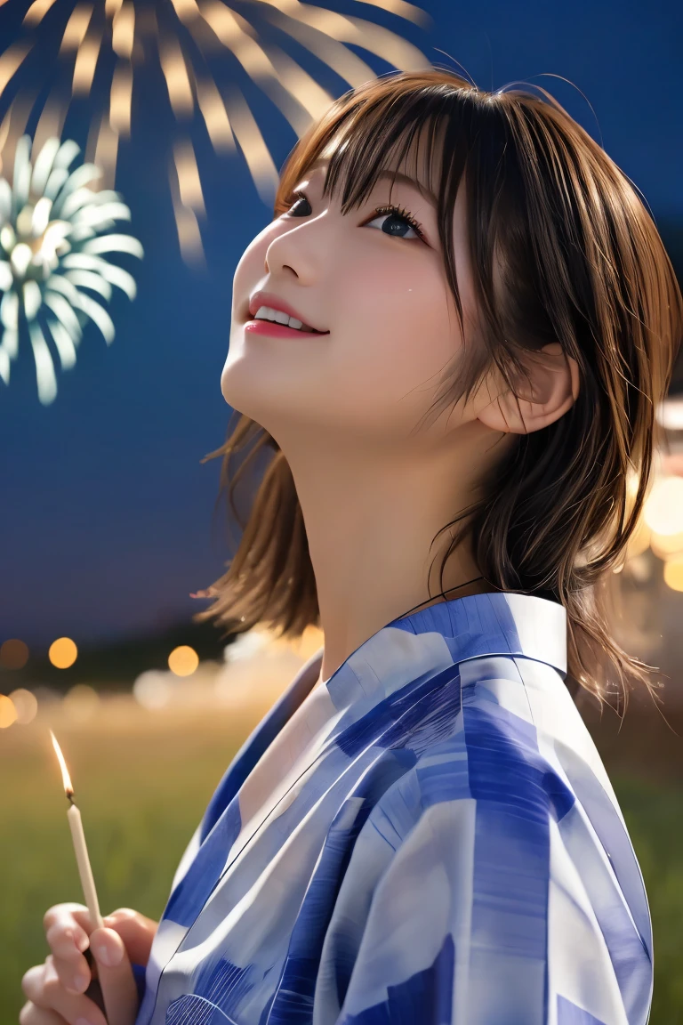 Highest quality, (beautiful)、yukata、Looking up at the sky、field、night、firework