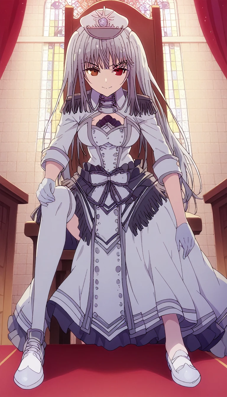 1girl, solo, full length, long hair, loose hair, medium breasts, looking at viewer, legs, hand, bangs, smile, heterochromia, red eyes, blue eyes, sitting, arrogant smile, legs, stockings, gloves, cleavage, indoors, on the throne, closed mouth, heterochromia, crossing legs, hand raised to mouth, one leg lies on the other, pov white stockings, white gloves, 1boy, hands, hands on the thighs, pov