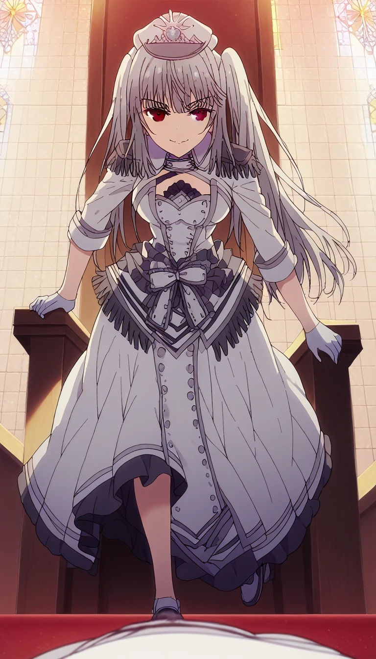 1girl, solo, full length, long hair, loose hair, medium breasts, looking at viewer, legs, hand, bangs, smile, heterochromia, red eyes, blue eyes, sitting, arrogant smile, legs, stockings, gloves, cleavage, indoors, on the throne, closed mouth, heterochromia, crossing legs, hand raised to mouth, one leg lies on the other, pov white stockings, white gloves, 1boy, hands, hands on the thighs, pov