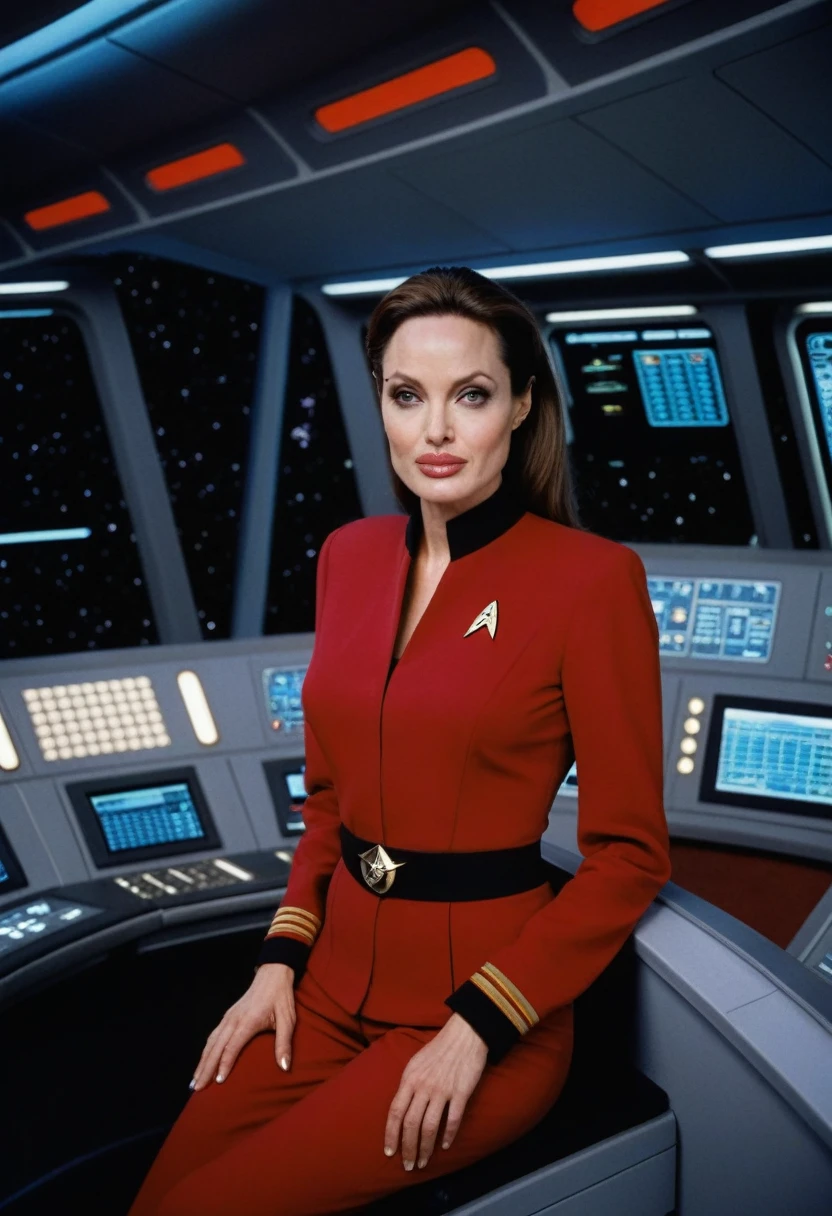 Wide angle view, full image, angelina jolie, eine Frau in freizügiger star trek-Uniform, on the bridge of the Enterprise, DS9ST UNIFORM, star trek, on the bridge of the Enterprise, sits on the captain&#39;s chair, Fantasy planet, futuristic spaceships, ((perfect eyes, detailled eyes,realistic eyes)), ((sharp face, detailed face, realistic face, natural skin, realistic skin, detailed skin, pores)), panorama view