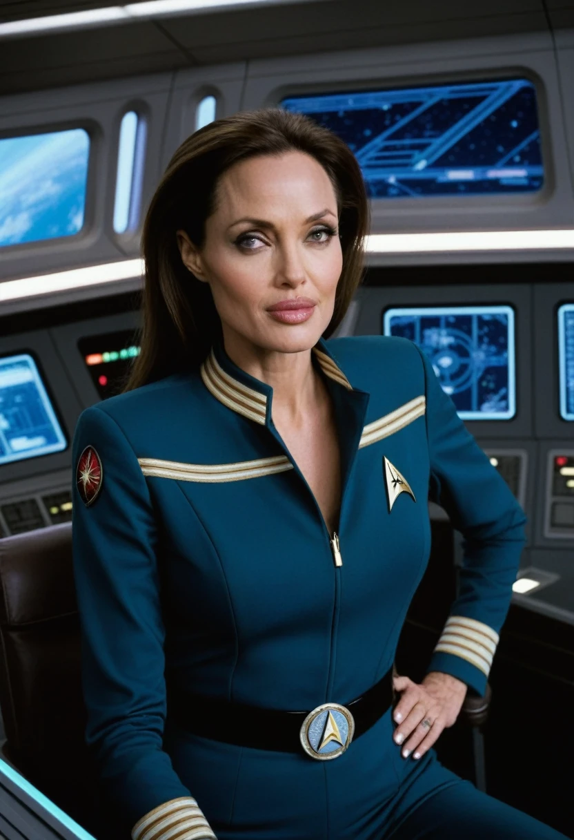 Wide angle view, full image, angelina jolie, eine Frau in freizügiger star trek-Uniform, on the bridge of the Enterprise, DS9ST UNIFORM, star trek, on the bridge of the Enterprise, sits on the captain&#39;s chair, Fantasy planet, futuristic spaceships, ((perfect eyes, detailled eyes,realistic eyes)), ((sharp face, detailed face, realistic face, natural skin, realistic skin, detailed skin, pores)), panorama view