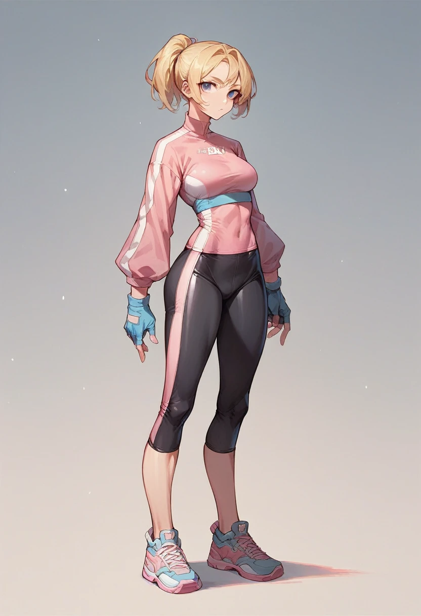 1girl, pink bike jersey, pink bike shorts, ((tight jersey)), ((tight long sleeves)), blonde hair, fingerless blue gloves, ((tight gloves)), full body, gloves, short hair, ponytail, standing, solo, looking at viewer
