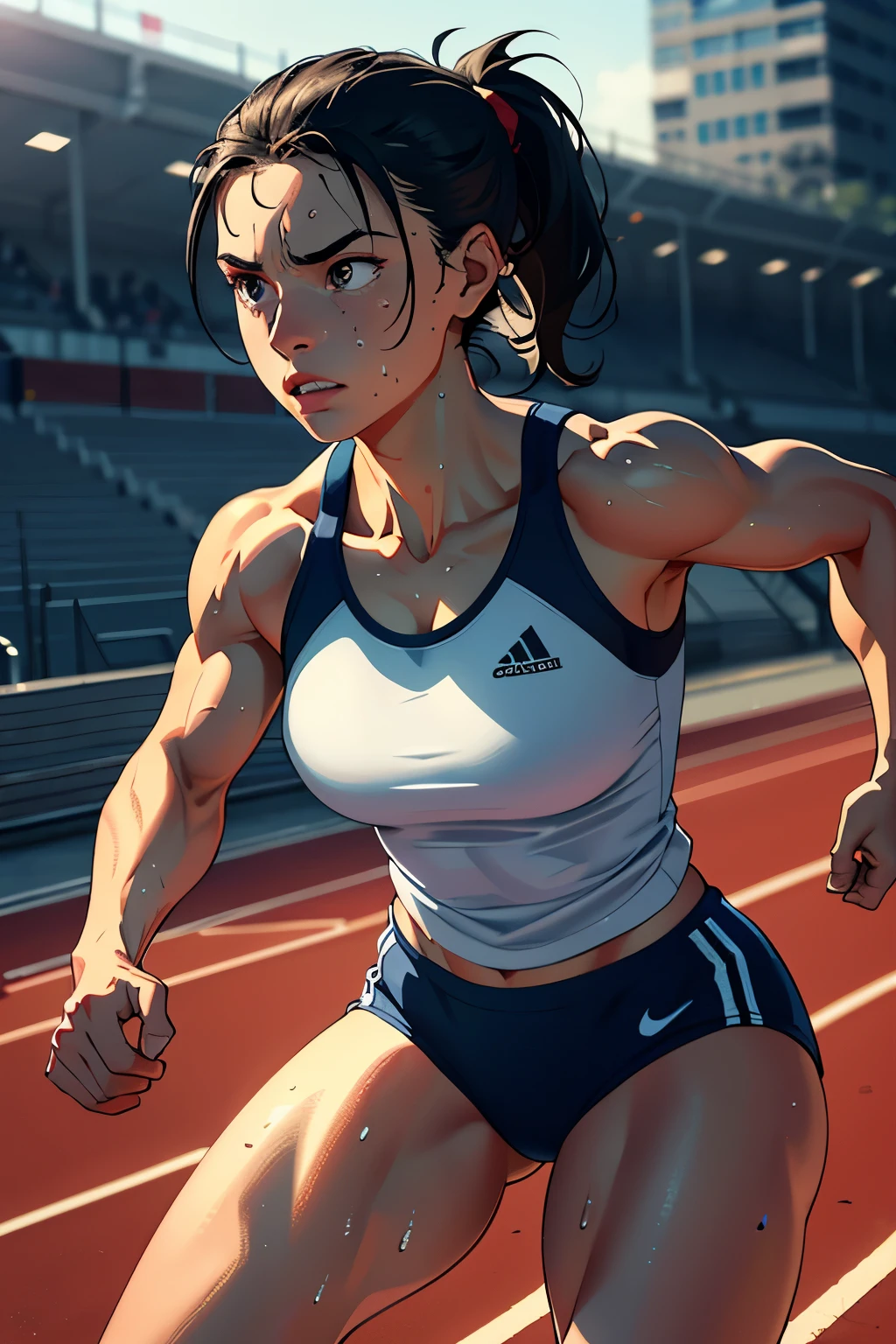 Female Athlete, (Serena Williams:Simone Biles:0.5), lean muscular build, sweat dripping down her forehead, determined expression, high detail face, high detail skin, sports attire, (tight sports bra and short athletic shorts), (toned abs:1.2), short afro hairstyle, (sculpted shoulders:1.3), synthetic turf track background, (UHD, 8K wallpaper, High resolution), cinematic lighting, award-winning, extremely detailed skin, extra detailed face, high detail eyes, photo-realistic, Canon EF 70-200mm F/2.8L IS III, by