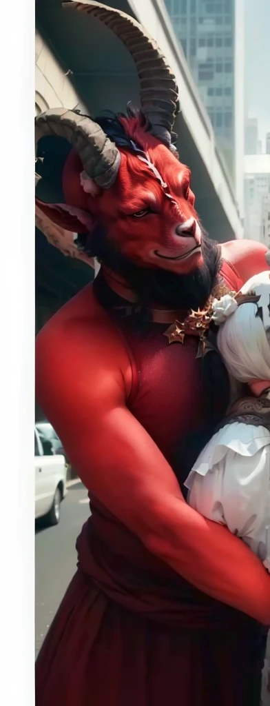 There is a man wearing a goat mask and a woman in a white dress, Fat Rip Satanic creature, Satan's Body, Villain wearing red ghost mask, Fat Rip Satan, Ron DeSantis as Satan, Male demon with white horns, Tom Waits as Hellboy, Full body devil, Covered with red mucus, Felix Englund Style
