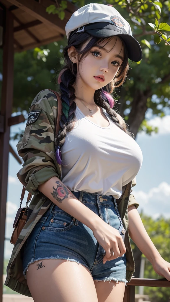 A 10 year old girl with mix colorful hair braided, huge breasts covered, large curvy hips, wearing a white cat cap and her gorgeous eyes are looking upwards to her left with a soft expression. She has visible tattoos on her arms and face. She's dressed in a green camouflage jacket with a black top and jean shorts. The background is plain with no detail, ultra hd, 4k detailed
