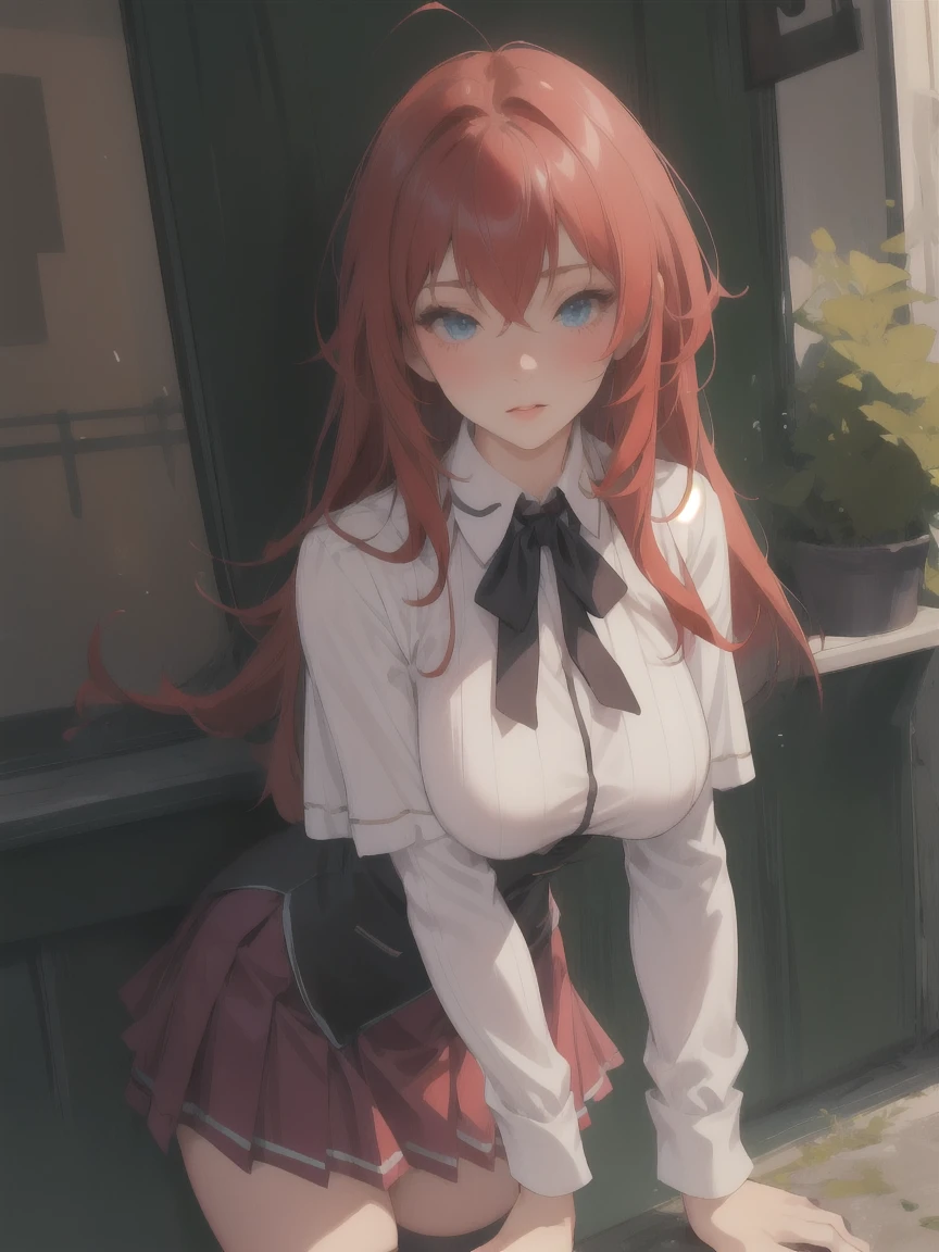 masterpiece, best quality, high quality, highres, outdoors, day, upper body, looking at viewer, solo, focused, BREAK, ANIME_DxD_Rias_Gremory_ownwaifu, 1girl, bangs, long hair, red hair, breasts, large breasts, rias gremory, blue eyes, hair between eyes, very long hair, collarbone, hair intakes, hair over breasts, black capelet, black corset, collared shirt, kuoh academy , layered skirt, underbust, , skirt, shirt, long sleeves, purple skirt, ribbon, miniskirt, neck ribbon, thighhighs, black ribbon,