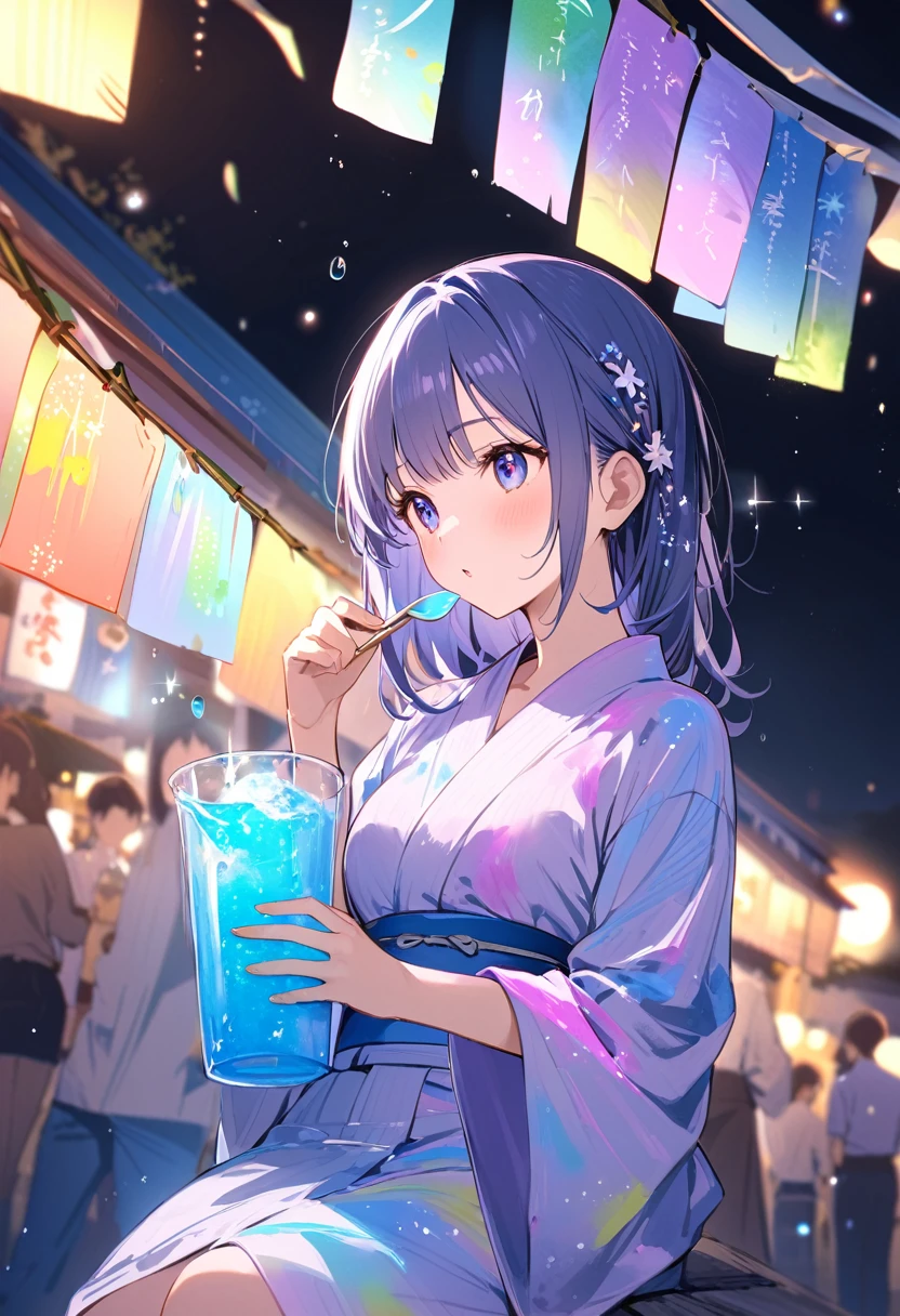 Tanabata、strip、Bamboo Leaves、stripに願いをこめて、stripを持っている、yukata,fluid,Particles of light, dream-like,Sparkling,dream-like glow,Paint dripping,Oil,strong stroke,Paint dripping,Splash Paint Drop, Oil,(Abstract:1.2)Girls and boys(Tanabataライトトレース:1.25),After change (Radioluminescence Light Tracking) スタイルTanabata,Orihime and Hikoboshi(Cowboy Shot,Above Knee Portrait:1.25),Temple Fair,Summer festival,Iridescent、16K, Ultra-high resolution, to be born,wonderful ,future、Iridescent、The world 30 years from now。