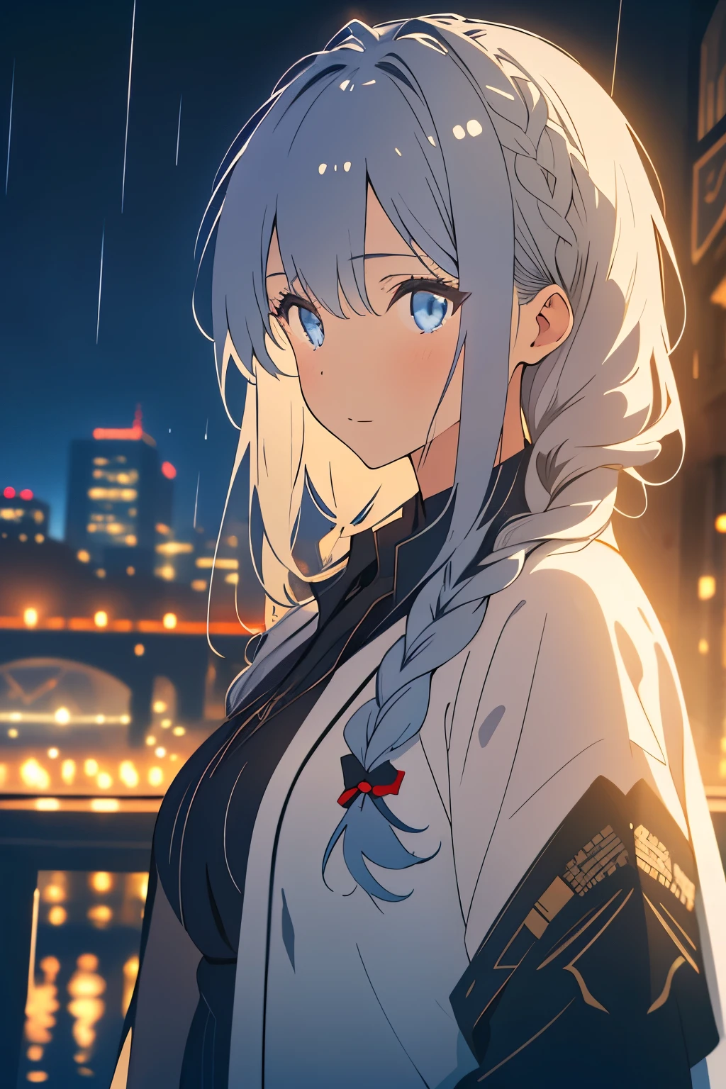 (masterpiece:1.21), (Highest quality:1.331), (Super detailed), (Best illustrations), ((wonderful)), (super high quality), Gorgeous and rich graphics, (an extremely deilcate and beautiful:1.21), 8K, wallpaper, (Beautiful lighting), Bright light, Detailed configuration, ( Perfect composition), (Beautifully detailed backgrounds:1.21), Rembrandt-style light and shadow, Dark tones, (A subtle and varied color scale), ((Depth of written boundary)), Deep Shadow, Dynamic Angle, From the side, Upper Body, Radial Blur, rain, (City lights, Blurred Background), (One girl), (Beautiful attention to detail), Clear blue eyes, Long silver French braids, Camouflage, transparent, Wet clothes, Wet skin and wet hair, Lens flare, String Lights, street, masterpiece, Highest quality,