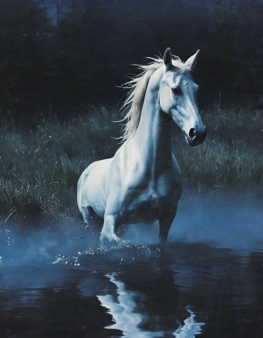 unicorn in water, night forest background