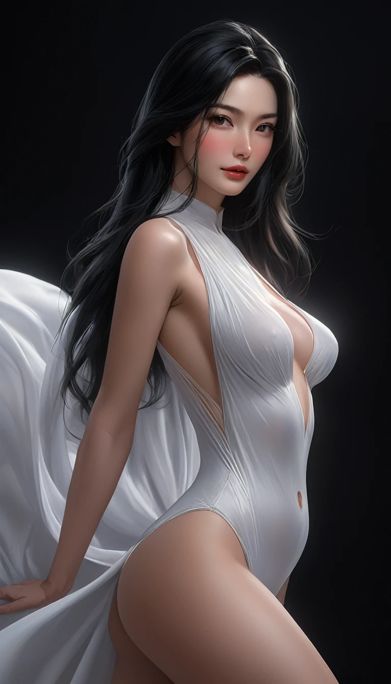 ((最大16K解像度のmasterpiece:1.6)), beautiful, Highest quality, Absolutely wonderful, high detail, Ultra-high resolution, masterpiece, Real, Realistic, The depth of the written world, Cinematic Light,
One elegant mature woman, Long black hair, beautiful顔, Highly detailed facial expressions, Gentle expression, Transparent white skin, Very delicate skin texture, Superb proportions, Anatomically correct body,
Elegant high leg swimsuit, snow-white color, Fine fabric texture、
Black Background,
Focus on the upper body,((Close-up of face:1.5)),