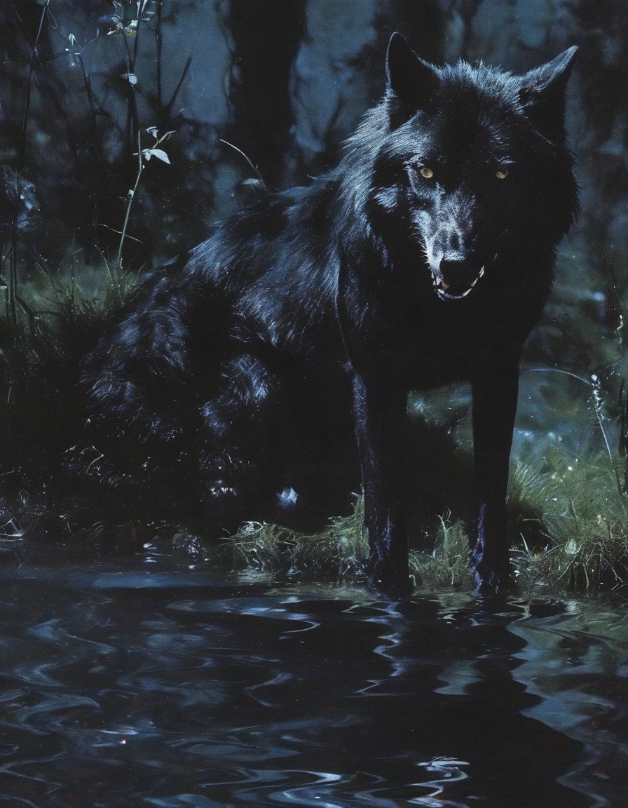 black wolf in water, night jungle background